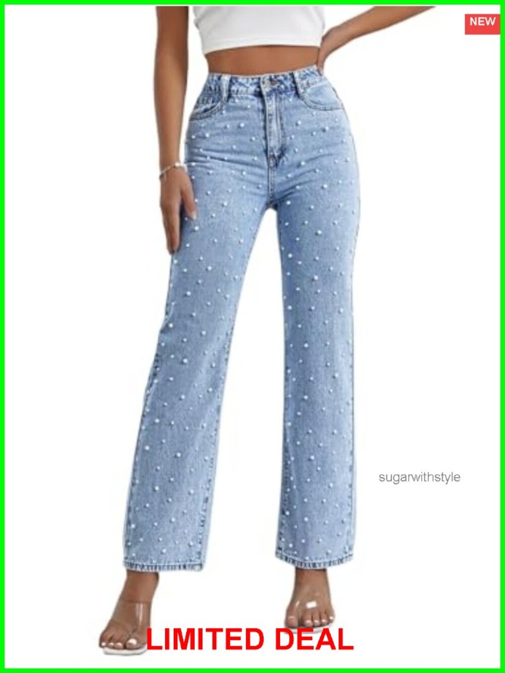 High Waisted Straight Leg Pearl Beaded Denim Jeans Distressed